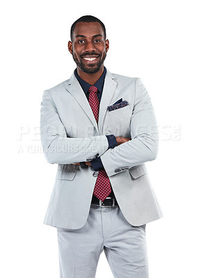 Buy stock photo Business man, success and CEO smile in portrait, executive leadership and vision isolated on white background. Black man, black business and arms crossed, corporate boss with career goals mindset