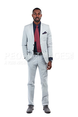 Buy stock photo Businessman, success and CEO with portrait and corporate boss, leadership and vision isolated on white background. Black man, black business and professional with executive, career goals with mindset
