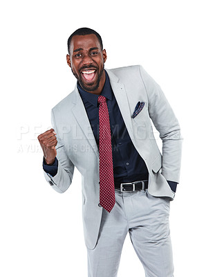 Buy stock photo Portrait, excited or businessman with success fist on isolated white background for promotion growth or victory. Smile, happy or corporate worker with winner hands gesture, wow face or yes on mock up