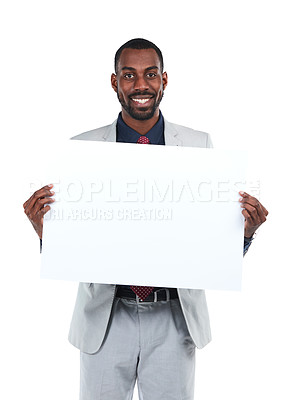 Buy stock photo Portrait, businessman or mockup poster of marketing space, advertising paper or promotion mock up. Happy corporate worker, banner or blank billboard on isolated white background for about us branding