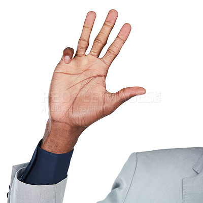 Buy stock photo Hand gesture, palm and mockup with a business black man in studio isolated on a white background to gesture a number. Emoji, icon and sign with a male employee counting on black space wearing a suit 