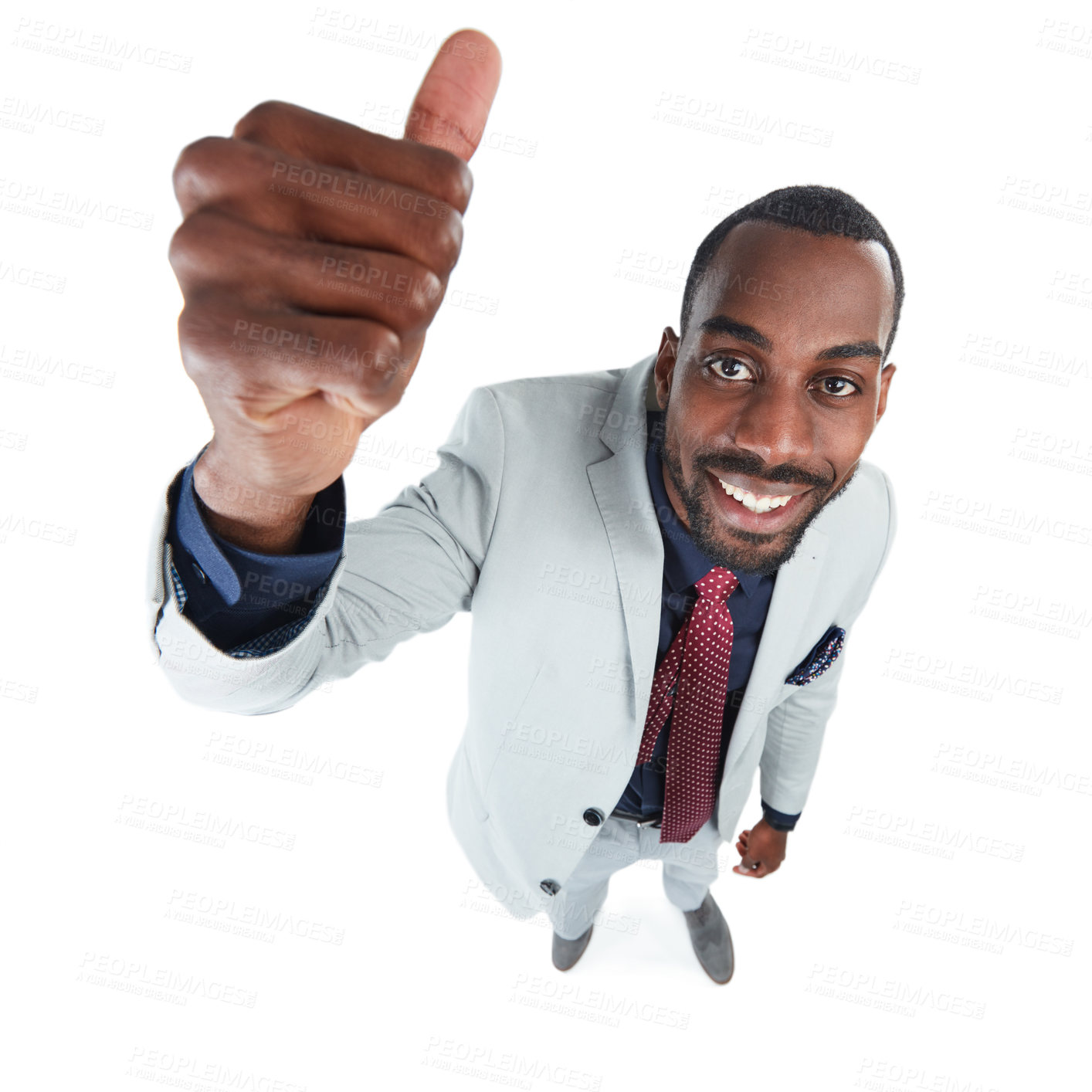 Buy stock photo High angle, portrait or businessman and thumbs up on isolated white background, marketing space or advertising mockup. Smile, happy or corporate worker with like, success emoji or winner hand gesture