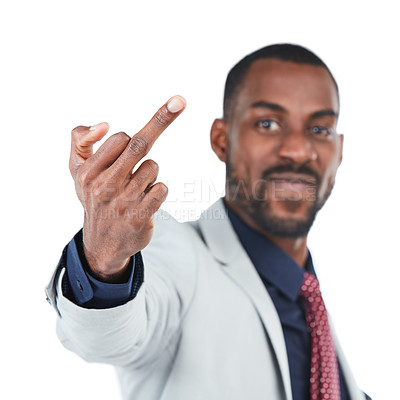 Buy stock photo Middle finger, rude sign and black man on a white background for disrespect, mean and anger. Symbol, hand gesture and frustrated, angry and upset male isolated in studio with conflict expression