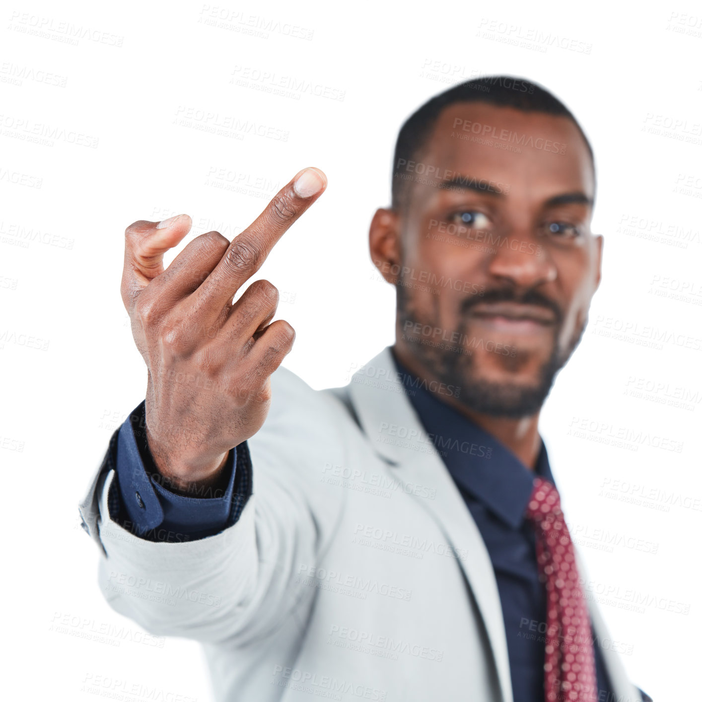 Buy stock photo Middle finger, rude sign and black man on a white background for disrespect, mean and anger. Symbol, hand gesture and frustrated, angry and upset male isolated in studio with conflict expression