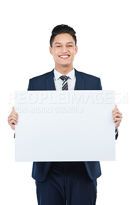 Buy stock photo Portrait, happy worker and poster mockup for marketing paper space, advertising mock up and promotion. Corporate businessman, banner and blank billboard sign on isolated white background for branding