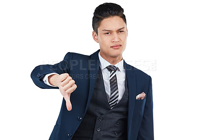 Buy stock photo Portrait, thumbs down and mockup with a business asian man isolated in studio on a white background for negative feedback. Hand, review and mock up with a male employee showing a sign of rejection