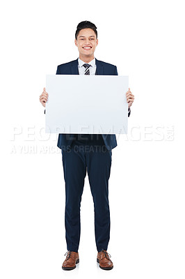 Buy stock photo Portrait, worker or poster mockup for marketing paper space, advertising mock up and promotion. Banner, blank or billboard sign for happy, smile or corporate businessman on isolated white background