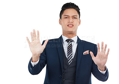 Buy stock photo Businessman, stop hands and safety portrait for warning, wait and forbidden hand gesture isolated in white background. Man, corporate angry face and employee pause hand or body standing in studio 