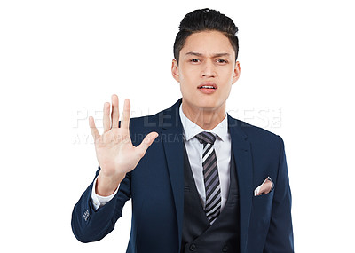Buy stock photo Businessman, anger face and stop hands for safety warning, wait and forbidden gesture isolated in white background. Man, corporate angry portrait and employee pause hand or body standing in studio 