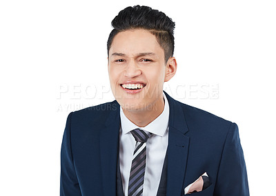 Buy stock photo Portrait, businessman or curious facial expression on isolated white background in huh, what or question emoji. Smile, happy or confused corporate worker and ideas, vision or innovation and listening