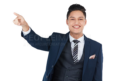 Buy stock photo Happy, portrait or pointing businessman on isolated white background, marketing space or advertising mockup. Smile, asian or corporate worker with showing hands gesture for financial investment deal