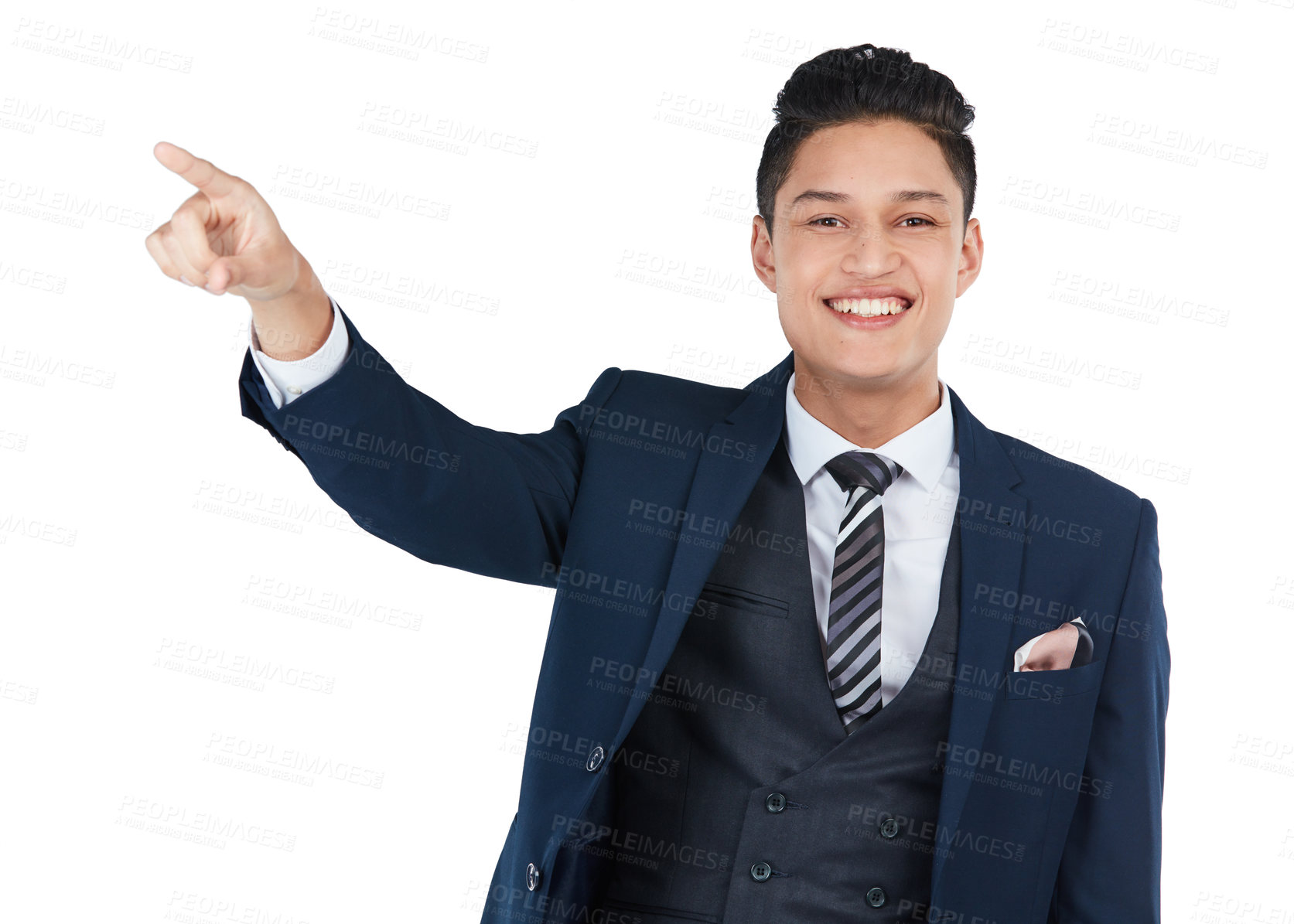 Buy stock photo Happy, portrait or pointing businessman on isolated white background, marketing space or advertising mockup. Smile, asian or corporate worker with showing hands gesture for financial investment deal