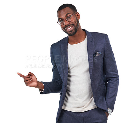 Buy stock photo Black businessman, portrait or pointing finger on isolated white background, marketing space or advertising mockup. Smile, happy or creative designer and hand gesture for branding sales deal or promo