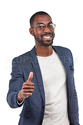 Buy stock photo Businessman, portrait or thumbs up in success, vote mockup or mission goals on isolated white background. Smile, happy or creative designer in like, thank you or winner hands gesture or support trust