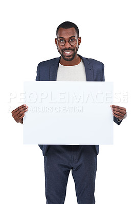 Buy stock photo Portrait, happy worker and poster mockup for marketing paper space, advertising mock up and promotion. Banner, blank and billboard sign for smile, businessman or designer on isolated white background