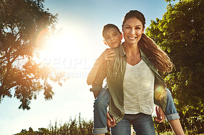 Buy stock photo Portrait of a mother and her daughter bonding together outdoors
