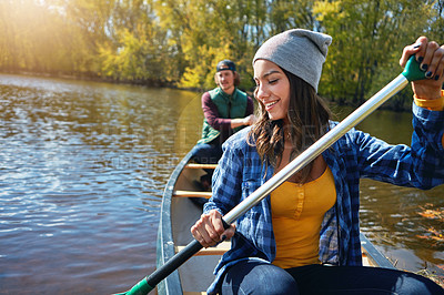 Buy stock photo Lake, canoe and couple with love, summer and hobby with vacation, adventure and getaway trip. River, man and woman with activity, honeymoon and travel with relationship, journey and bonding together