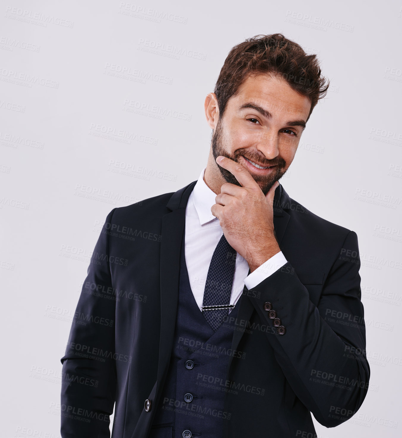 Buy stock photo Groom, fashion and formal suit in studio, confident in black tie for wedding event. Elegant, classy male person and hands with blazer or trendy tuxedo, luxury jacket or clothes isolated on background