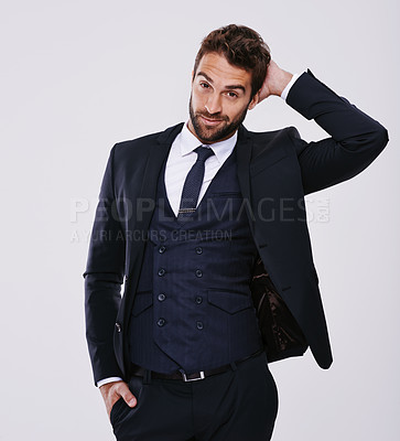 Buy stock photo Man, portrait and fashion with smile in studio with confidence, elegant suit and black tie aesthetic. Suave model, person and face with happiness, stylish clothes or trendy outfit on white background