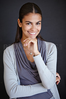 Buy stock photo Lady, smile and portrait for career and project management with style for business on dark background. Young woman, editor or consultant and confident with ambition for work or job in company  