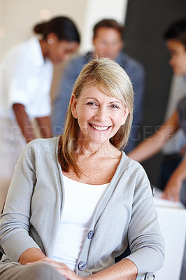 Buy stock photo Portrait, business and senior woman with leader, smile and startup with management and confident lady. Face, group and person with professional and leadership with happy employee in a modern office