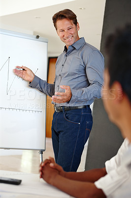 Buy stock photo Man, business people or presentation with graphs, economy or corporate sales growth with accounting or funding report. Professional, presenter or speaker with teamwork, finance or charts with economy