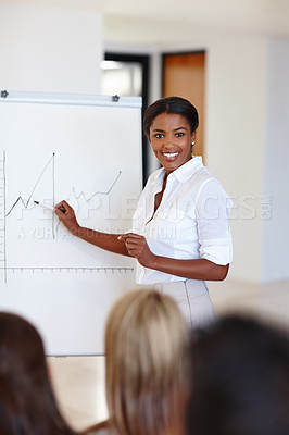 Buy stock photo Black woman, business people and presentation with graphs, finance and corporate training with accounting and funding report. Professional, presenter and speaker with teamwork and charts with economy