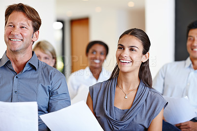 Buy stock photo Audience, diversity and document with smile, meeting and collaboration for business and communication. Workforce, paperwork and brainstorming for discussion together with workspace, happiness or team