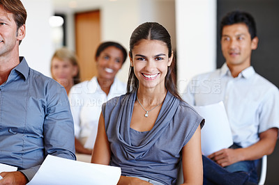 Buy stock photo Audience, diversity and portrait with smile, meeting and collaboration for business and people. Workforce, paperwork and brainstorming for discussion together with workspace, happiness or deal