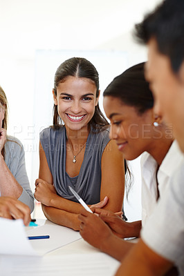 Buy stock photo Woman, portrait and collaboration for office, brainstorming and planning for business. Employees, diversity and group ideas with conversation, happiness and corporate designer meeting at work