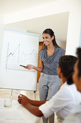 Buy stock photo Coworkers, project and growth for office, brainstorming and planning with business. Employees, diversity and group ideas or goals with presentation, happiness and corporate graph with meeting at work