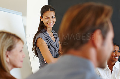 Buy stock photo Woman, portrait and presentation for office, brainstorming and planning with future business plan. Employees, diversity and people for conversation, happiness or corporate teamwork and training