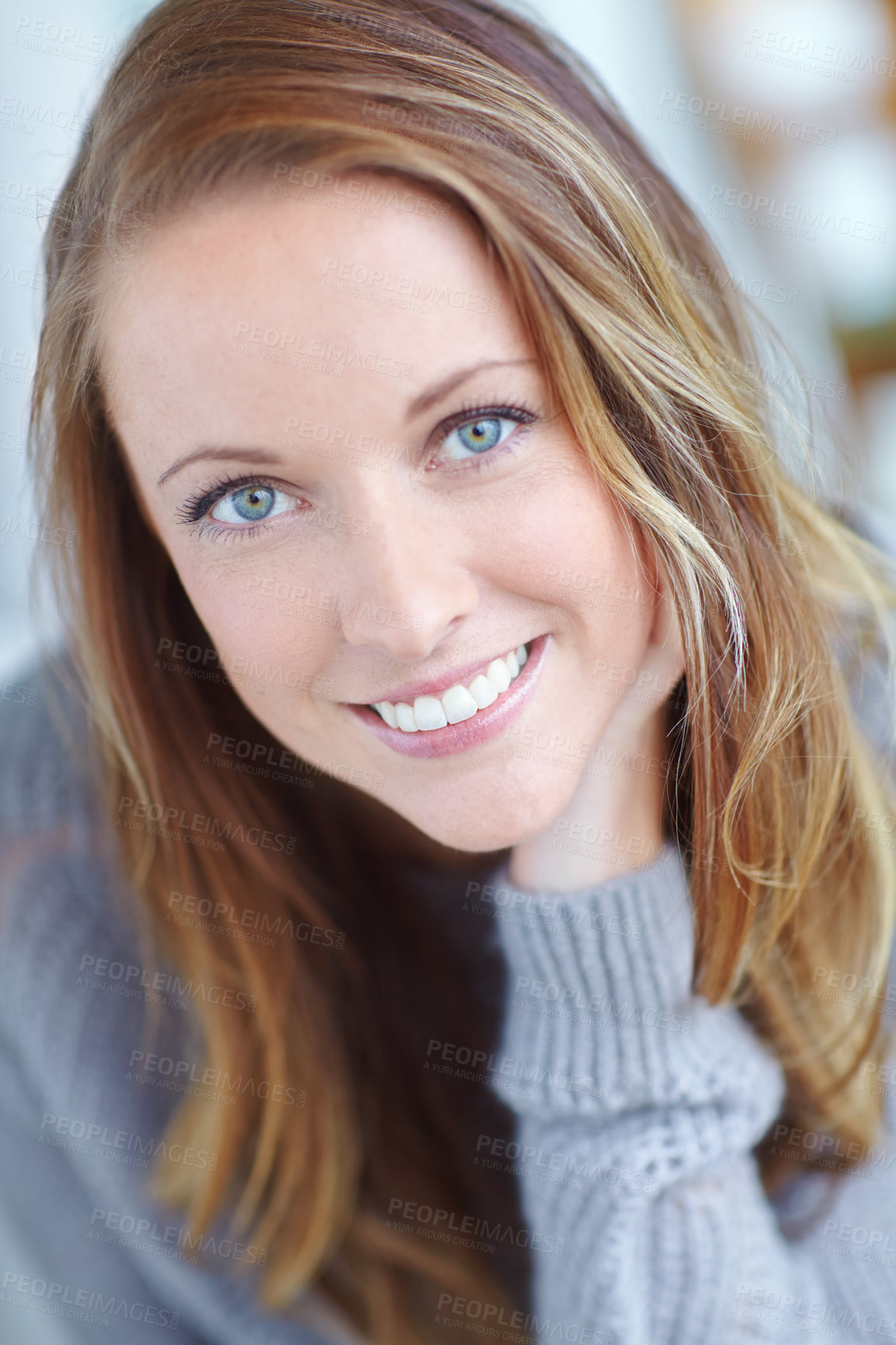 Buy stock photo Portrait, smile and girl relax at house for weekend break, comfortable and peace wellness of natural beauty. Confident, woman and happy with rest, calm joy and carefree of closeup of home chilling