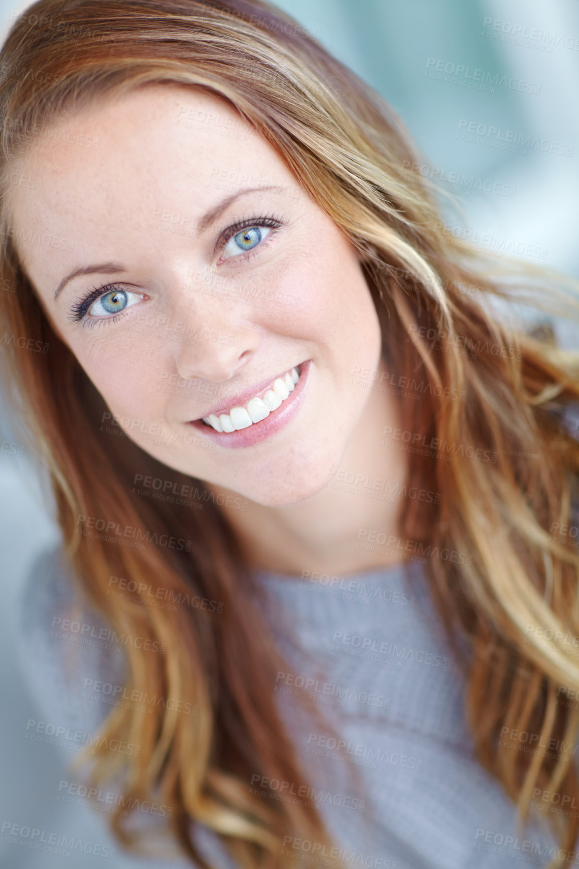 Buy stock photo Happy, girl and portrait to relax at house for weekend break, comfortable and peace wellness of natural beauty. Confident, woman and smile with rest, calm joy and carefree of closeup of home chilling