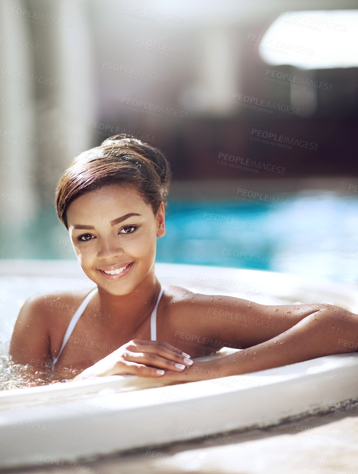 Buy stock photo Portrait, woman and relax with smile in pool on holiday, break and luxury or mindfulness. Female person, jacuzzi and happy or satisfied on vacation, trip and travel at hotel or resort for swimming