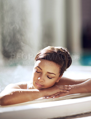 Buy stock photo Eyes closed, woman and relax in jacuzzi on holiday, break and luxury with mindfulness. Female person, pool and thinking or vacation for trip and travel at hotel or resort for spa and wellness