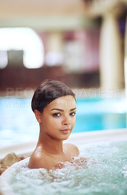 Buy stock photo Woman, portrait and hot tub for calm at spa hotel or stress relief treatment or hydrotherapy, resort or hospitality. Female person, jacuzzi and accommodation in Miami or hygiene, resting or travel