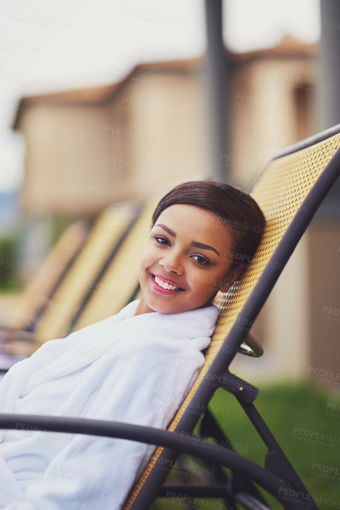 Buy stock photo Woman, beauty spa and portrait for relax on chair, holiday and self love vacation or luxury with weekend retreat. Hotel, care and outside for wellbeing, smile and confident for female person in gown 