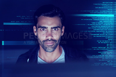 Buy stock photo Portrait of a smug computer hacker using a computer in the dark