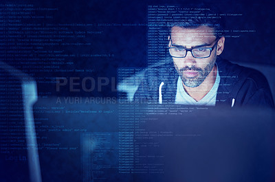 Buy stock photo Hacker, code and overlay with man and computer for scam, cyber security and password theft. Phishing, technology and night with person and online crime for crypto, malware and finance fraud software