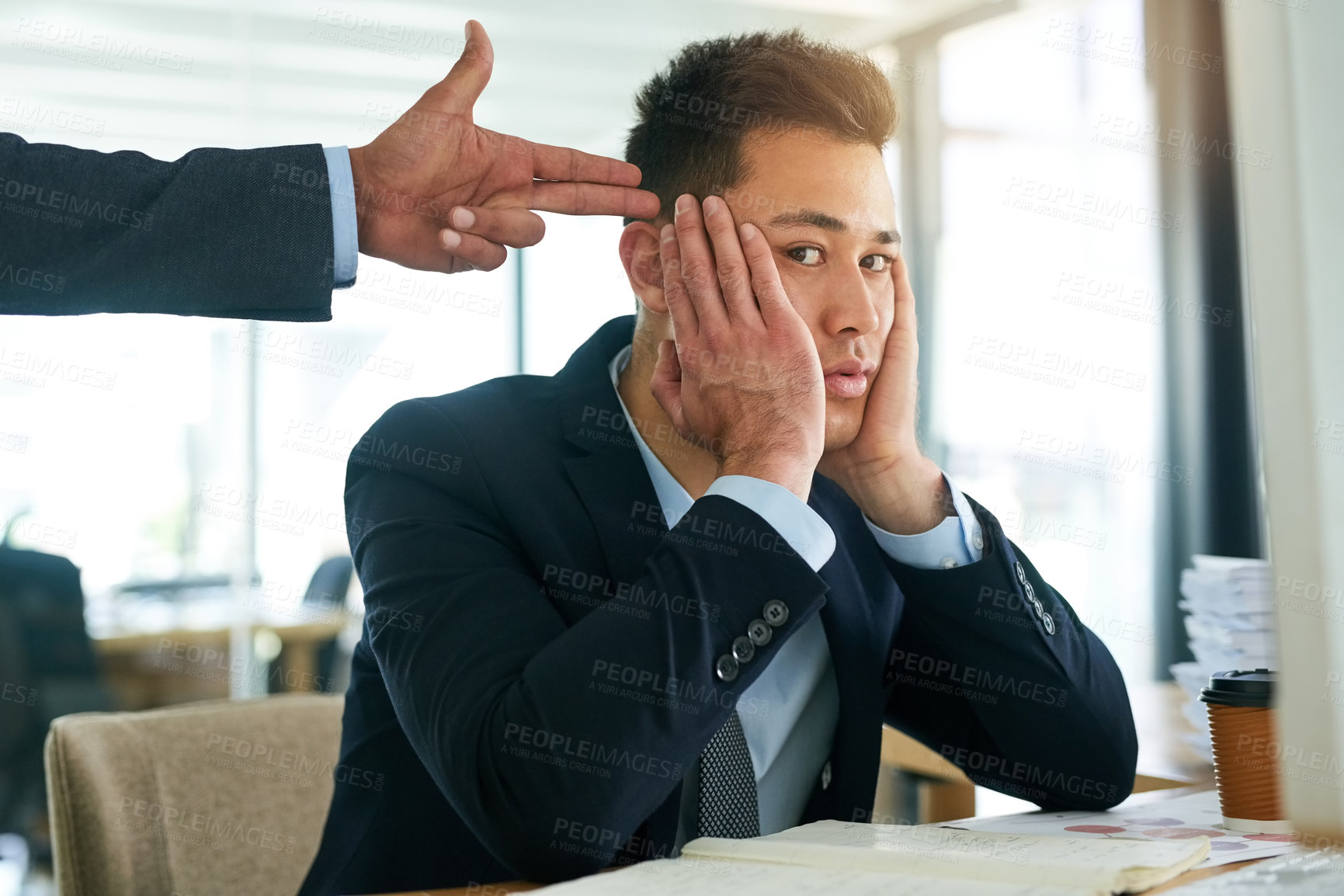 Buy stock photo Face, conflict or hand gun by hr for businessman with fear, stress or headache in office for deadline anxiety. Corporate, bullying or intern frustrated by toxic manager with finger, threat or warning