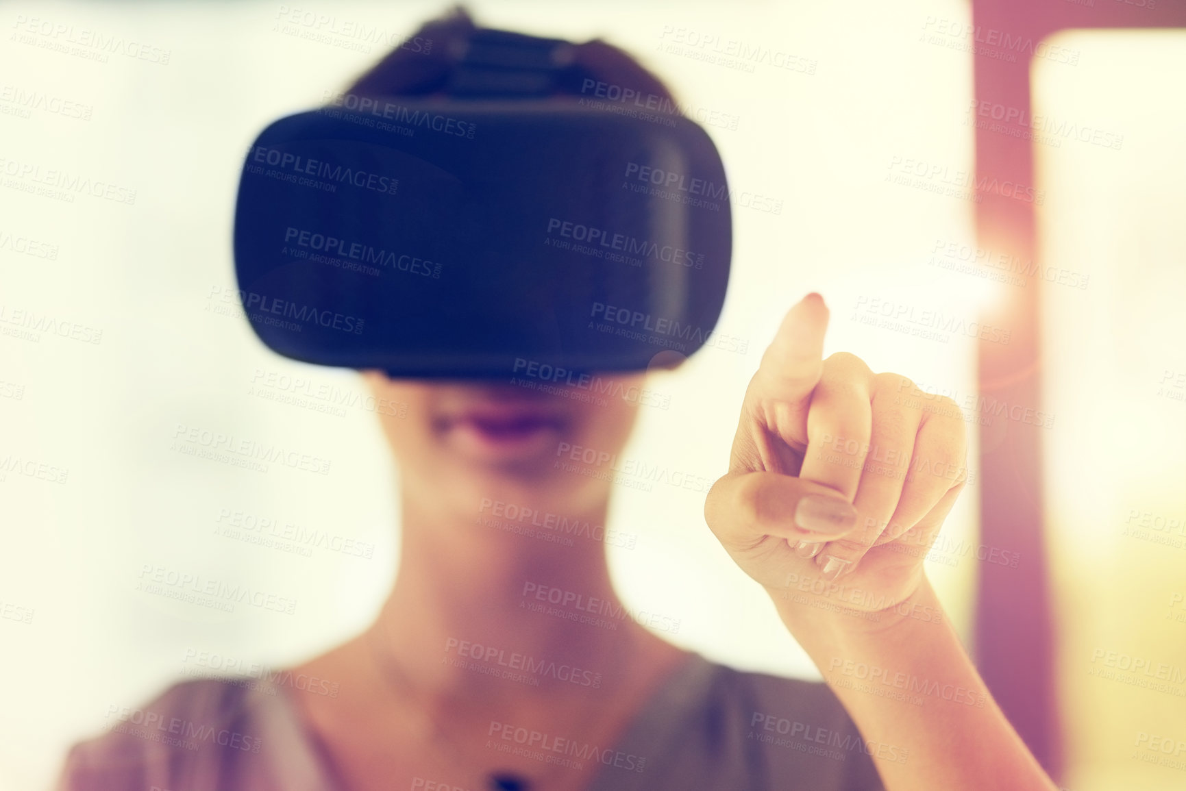 Buy stock photo Woman, virtual reality and office with touch on holographic interface on futuristic ui for cloud computing. Developer, click and AR glasses for vision, iot and design for user experience in metaverse