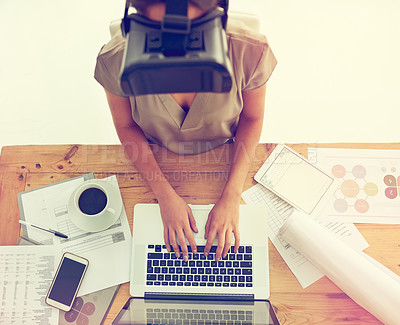 Buy stock photo Woman, laptop and typing in office with virtual reality tech for  ui, design and futuristic innovation. Person, computer and AR glasses for programming, charts and IT for user experience in workplace