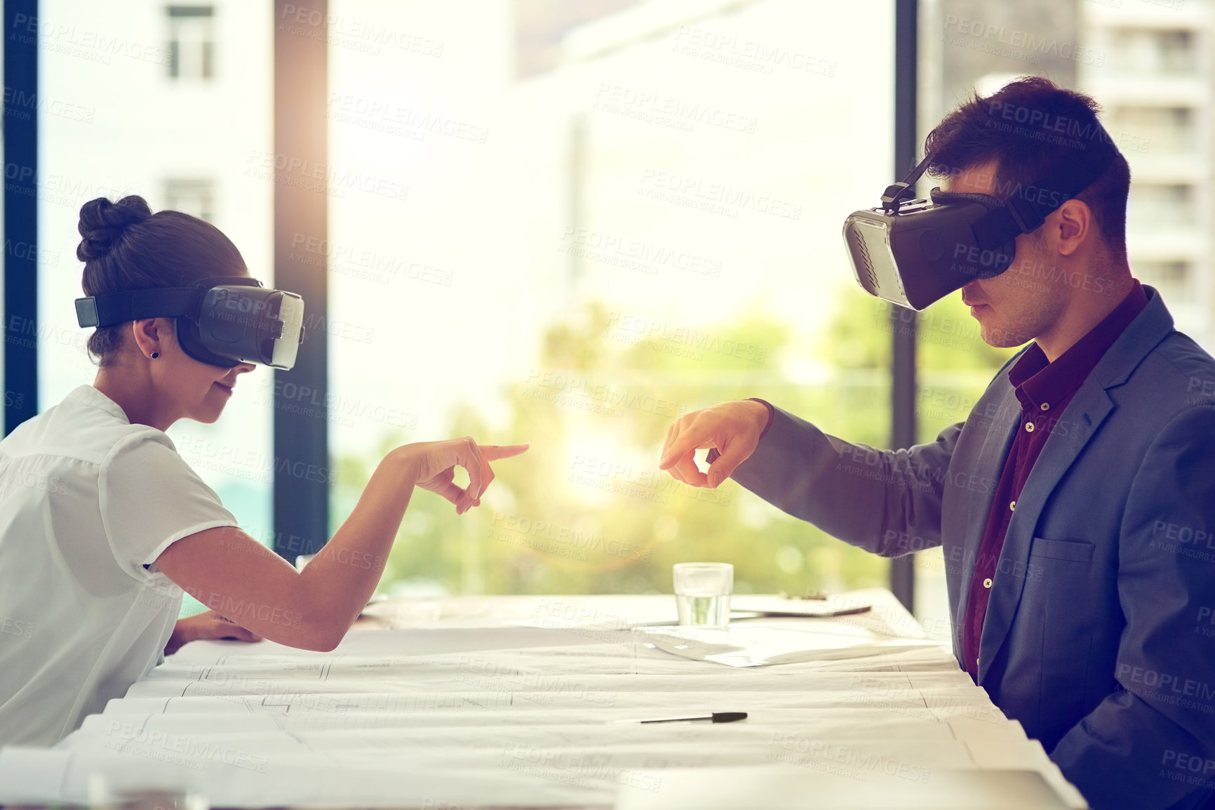 Buy stock photo Woman, man and virtual reality for architecture, blueprint and touch in metaverse, innovation and holographic ui. People, contractor and floor plan with AR goggles for 3d user experience in office