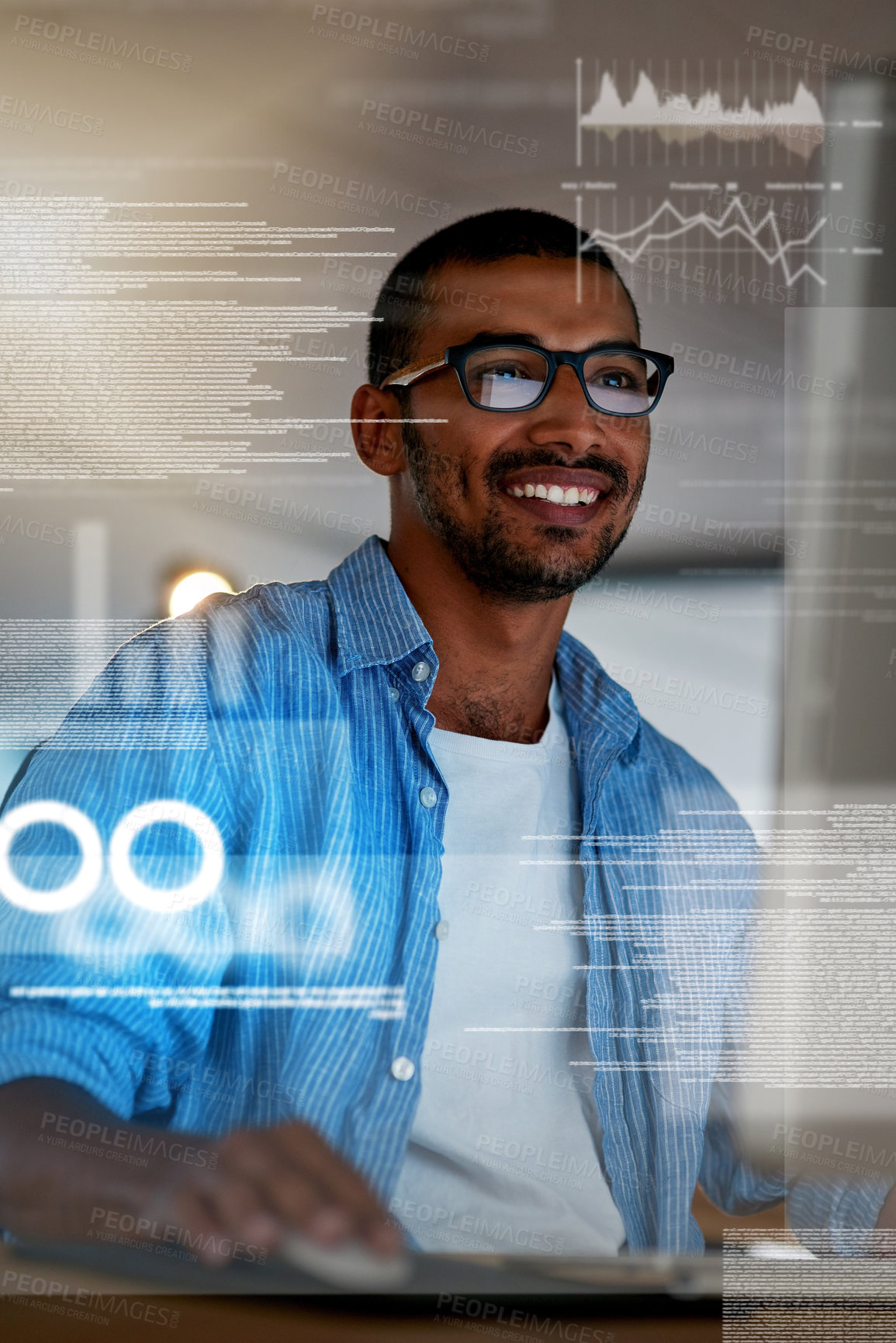 Buy stock photo Shot of a happy computer programmer working on new software at his computer