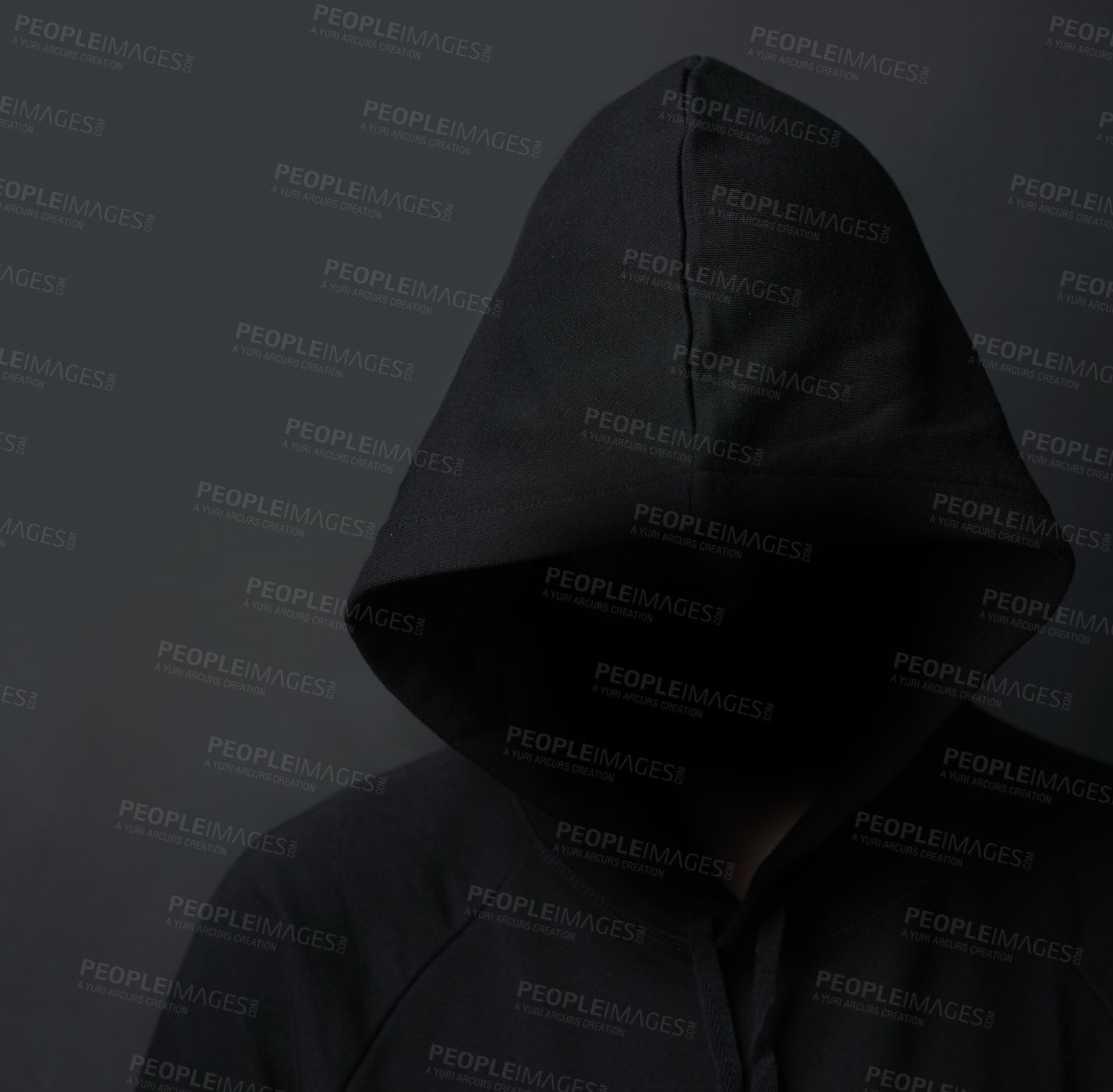 Buy stock photo Dark, hoodie and hacker in studio, hiding and undercover for  stalking, person and thief with crime. Black background, scam and criminal with danger, burglary and creepy in shadows, villain and fraud