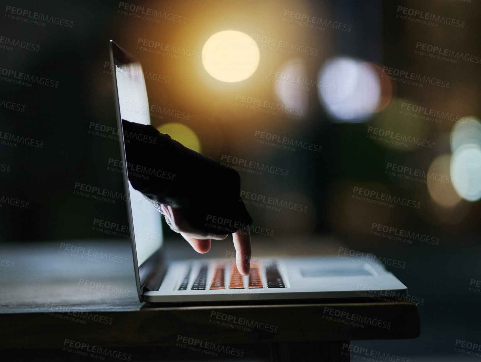 Buy stock photo Finger, laptop and cyber crime of hacker, online and hand in screen, criminal and closeup of person. Scam, cybersecurity and password for computer, technology and secret information in dashboard