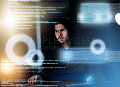 Buy stock photo Shot of a focussed young computer programmer working on his coding late at night