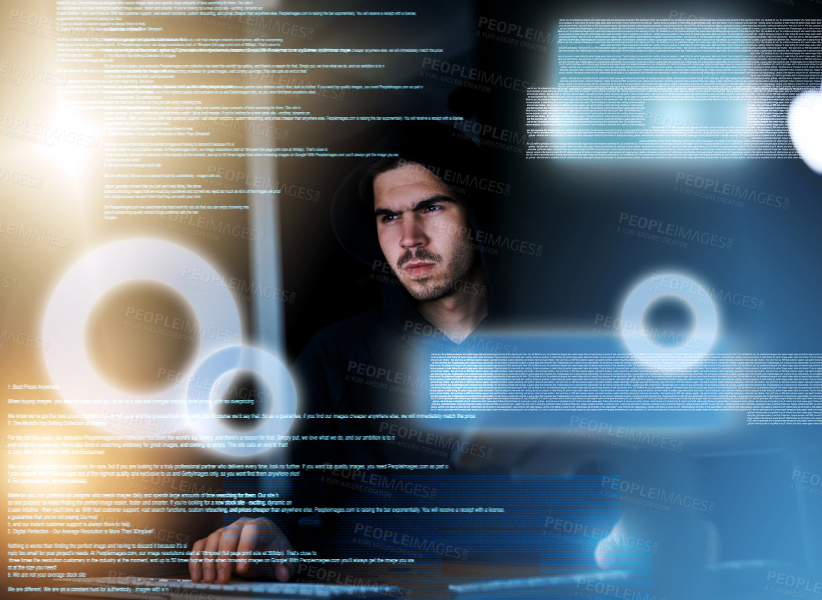 Buy stock photo Shot of a focussed young computer programmer working on his coding late at night