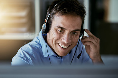 Buy stock photo Call center agent, computer and happy man consulting with advice, sales or help desk worker with headset. Phone, conversation and happiness, customer support consultant at crm agency with smile.